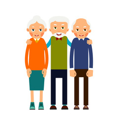 Group older people. Three aged people stand. Elderly men and women stand together and hug each other. Illustration isolated on white background in flat style