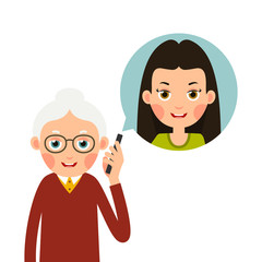 Grandmother with phone. Elderly woman holds phone in her hand and represents image of grandson with whom she talks. Cartoon illustration isolated on white background in flat style