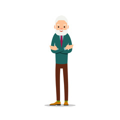 Old man with beard. Elderly man with neatly beard stands with arms crossed over his chest. Illustration in flat style. Isolated