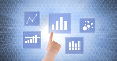 Hand touching business chart statistic icons
