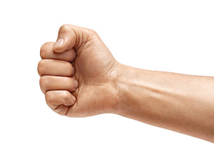 Man's hand with closed fist, isolated on white background. High resolution product. Close up