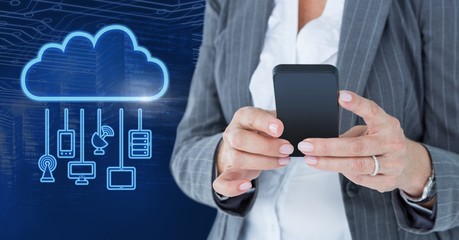 Hand holding phone with cloud icon and hanging connection