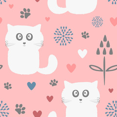 Cute seamless pattern with funny cats, flowers, hearts and paw prints. Drawn by hand.