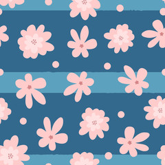 Cute floral seamless pattern. Pink flowers on striped blue background. Drawn by hand.
