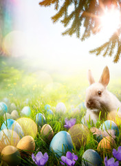 Art Easter background; Spring flowers  easter bunny and easter eggs