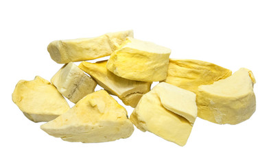 Thai Durian freeze dry on white background, delicious dessert tasty snack with clipping path.