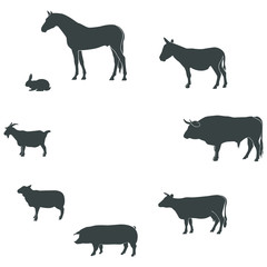 Vector set of farm animals isolated on a white background. Horse, cow, goat, pig, donkey, rabbit, bull, sheep.