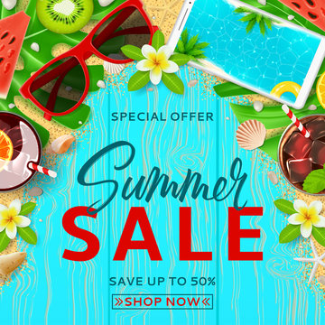 Summer sale promo banner. Top view on Summer decoration with cocktails and fresh fruit on wooden texture. Vector illustration with special discount offer. Concept of seasonal vacation.