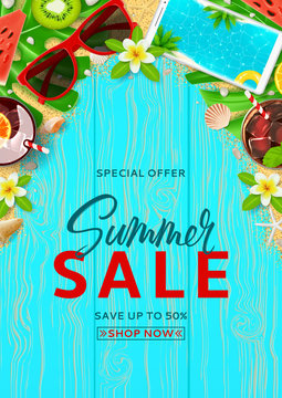Summer sale promo flyer. Top view on Summer decoration with cocktails and fresh fruit on wooden texture. Vector illustration with special discount offer. Concept of seasonal vacation.