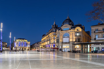 Place de la Comedie at dusk - large square in the center of Montpellier, Occitanie, France
