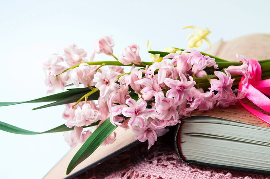 Hyacinth flowers on open vintage book