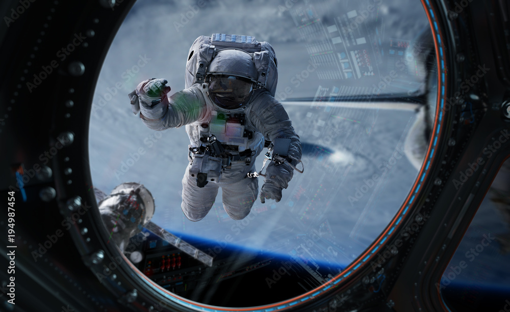 Poster astronaut working on a space station 3d rendering elements of this image furnished by nasa