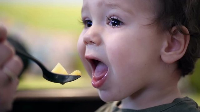 Baby being feed by someone and eating tasty food
