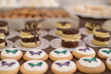 Assortment of small, flat, button-like cookies, ornate with colorful frosting butterflies, at candy and cake bar, at a wedding reception
