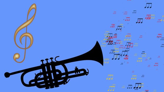 Tube and golden violin key. Colorful moving musical notes. Animation of a trumpet on a blue background. Black tube silhouette, swinging treble clef