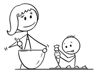 Cartoon stick man drawing conceptual illustration of mother or mom and son cooking or baking together in kitchen.