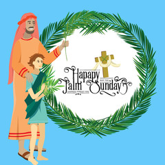 religion holiday palm sunday before easter, celebration of the entrance of Jesus into Jerusalem, happy people with palmtree leaves vector illustration, man with kid greetings Christ