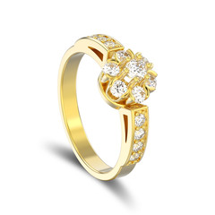 3D illustration isolated yellow gold decorative flower diamond ring with shadow