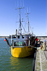 Laesoe / Denmark: Yellow fishing cutters moored at the pier in the fishing port of Oesterby Havn in April © torstengrieger