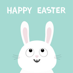 White bunny rabbit head face looking up. Happy Easter. Picaboo. Flat design. Big ears. Cute kawaii funny cartoon character. Baby greeting card. Blue pastel color background.