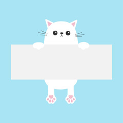 White funny cat hanging on paper board template. Kitten body with paw print. Cute cartoon character. Kawaii animal. Baby card. Pet collection. Flat design style. Blue background Isolated