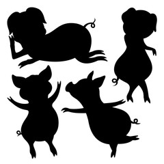 Set of silhouettes of pigs on white background.