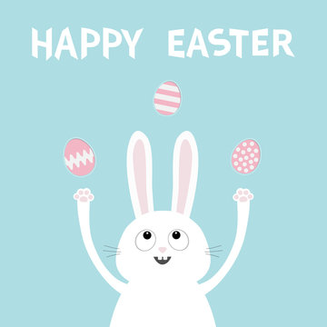 Happy Easter. White bunny rabbit head face looking up juggles painting egg. Hand with paw print. Flat design. Cute funny cartoon character. Baby greeting card. Blue pastel color background.