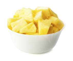 bowl with cubes of pineapple isolated on white background