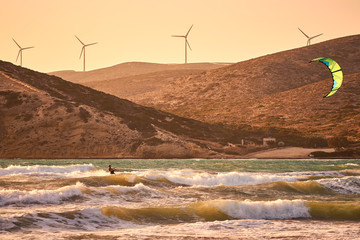 Kitesurfer riding on the waves at Prasonisi kite beach at Rhodes island