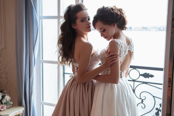 Naklejka premium Beautiful bride and bridesmaids in luxury dresses. Twins young women in wedding photosession