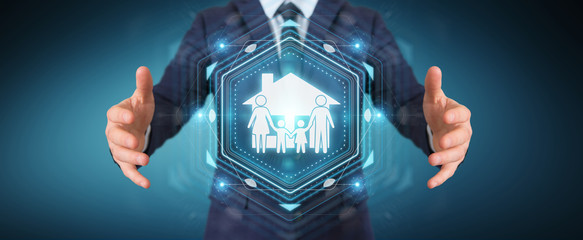 Businessman using family care insurance application 3D rendering