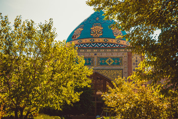 Blue mosque main entrance. Elegant islamic masjid building. Travel to Armenia, Caucasus. Architectural landmark. Sightseeing Yerevan. City tour. Tourism industry. Sunny autumn day. Religious concept