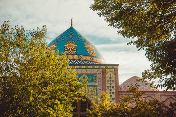 Blue mosque dome. Elegant islamic decorated masjid building. Travel to Armenia, Caucasus. Touristic architecture landmark. Sightseeing in Yerevan. City tour. Tourism industry. Religious concept