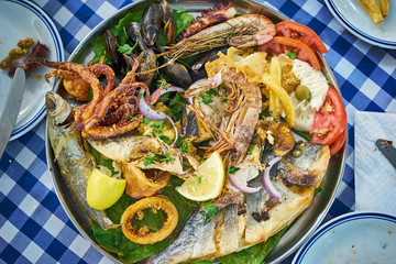 Traditional greek meze with fish and seafood