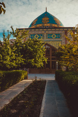 Blue mosque. Elegant islamic masjid building. Travel to Armenia, Caucasus. Touristic architecture landmark. Sightseeing Yerevan. City tour. Tourism industry. Religious concept. Sunset time. Vertical