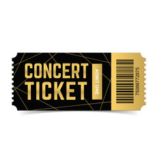Golden, black vector live, music, dance concert, festival ticket template, gold, black realistic 3d design isolated on white background. Ticket for entrance to event. Icon for web, app.