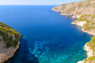 Fototapeta na wymiar Blue sea and cliff in Porto Schiza on Zakynthos island. Greece.