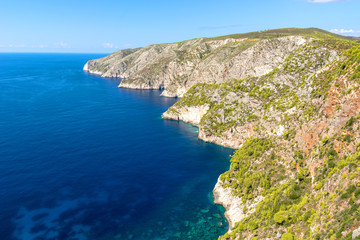 Bay and high cliff in Porto Schiza on Zakynthos island. Greece.