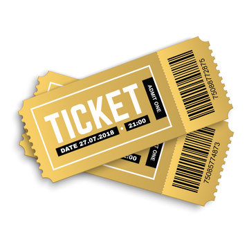 PrintTwo, pair vector golden tickets isolated on white background. Cinema, theatre,  concert, play, party, event and festival gold ticket realistic template set. Ticket icon for website. 