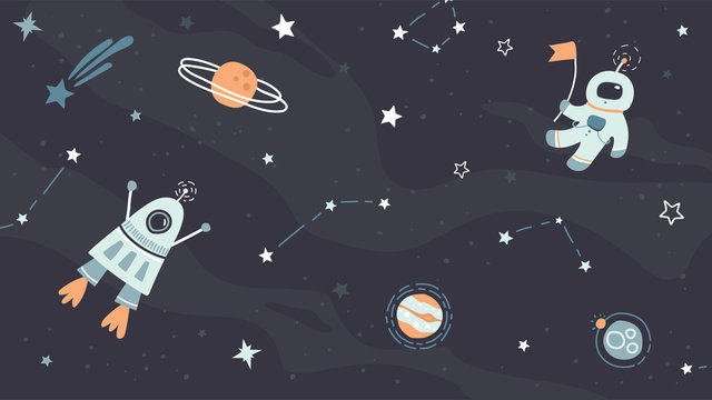 Vector childish hand drawn flat space design background. Cute template with elements of space, astronaut, spaceship, rocket, moon, black hole, stars, planets, constellations. Trendy kids wallpaper.