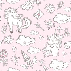 Very tender and cute seamless pattern. Vector magic background of pink color with unicorns, rainbows, clouds, stars and clover for luck