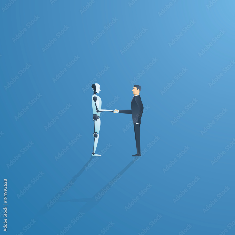 Poster ai or artificial intelligence vector concept with ai robot handshake with human. symbol of future co
