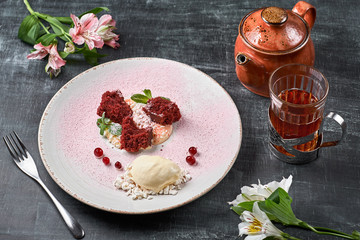 Biscuit red velvet, meringue, white chocolate mousse, patissier cream, Tea party