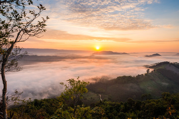 Sunrise and the mist in winter morning
