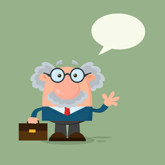 Professor Or Scientist Cartoon Character Waving With Speech Bubble. Illustration Flat Design With Background