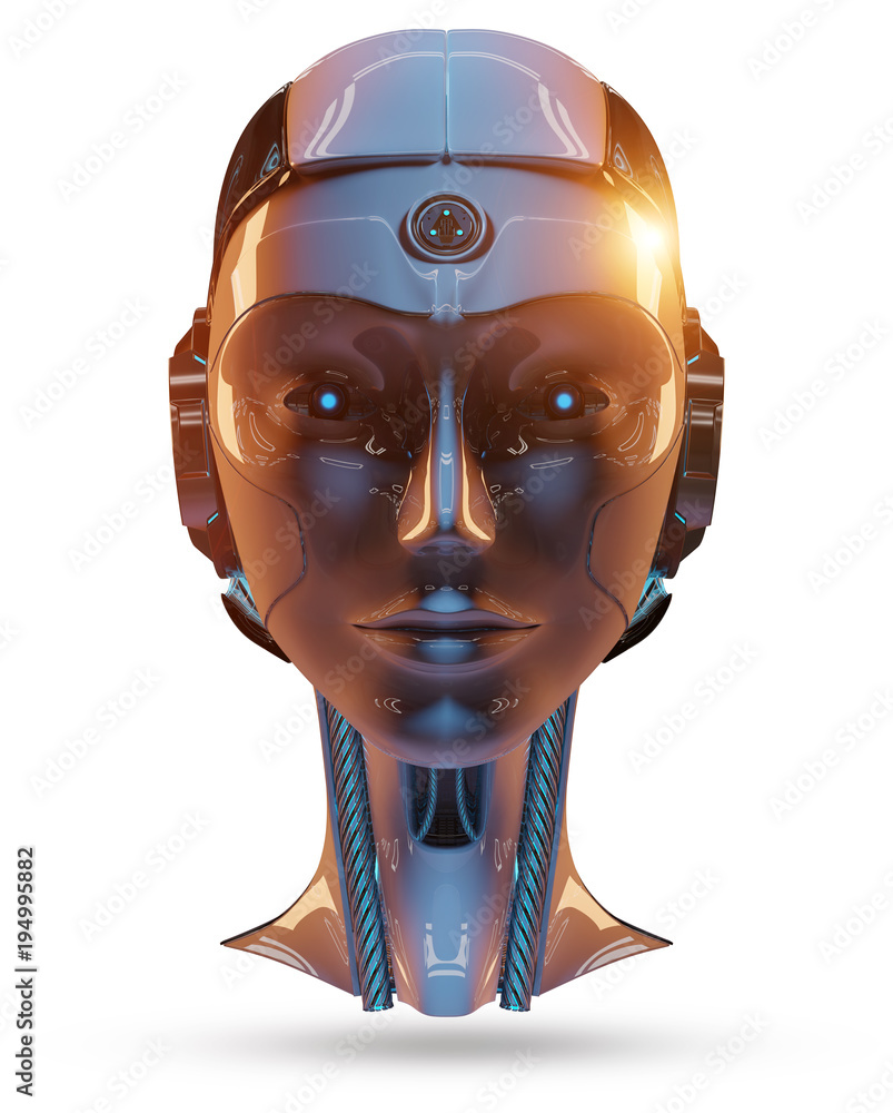 Poster cyborg head artificial intelligence 3d rendering