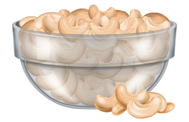 Glass bowl with cashew nuts. Vector illustration.