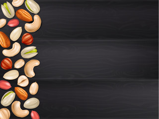 Black wooden table background with assorted nuts (pistachios, almond, peanut, hazelnut, cashew). Vector illustration.