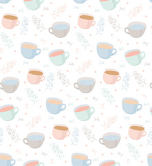 Vector pattern of tea and coffee mugs with plant elements. Illustration on white background