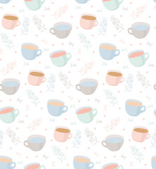 Vector pattern of tea and coffee mugs with plant elements. Illustration on white background